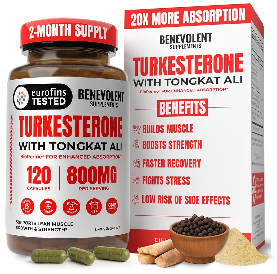 Benevolent Supplements Turkesterone with Tongkat Ali bottle next to its box, 800 mg per serving, 120 capsules, two-month supply