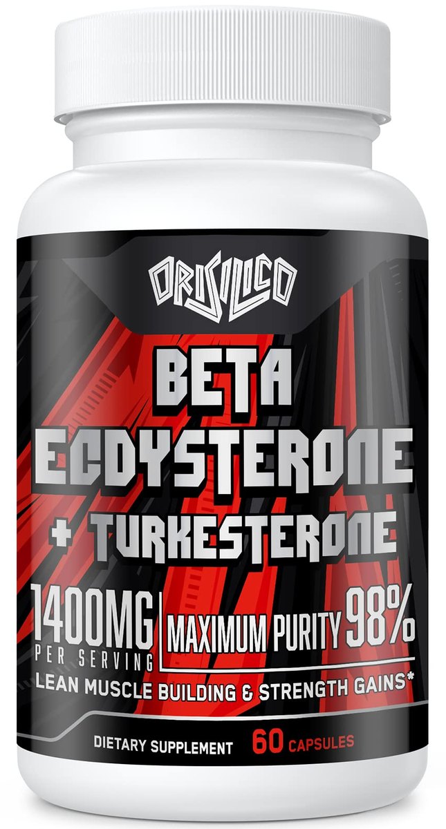 White bottle with a black and red label, Beta Ecdysterone plus Turkesterone 1400 mg, maximum purity 98%, 60 capsules