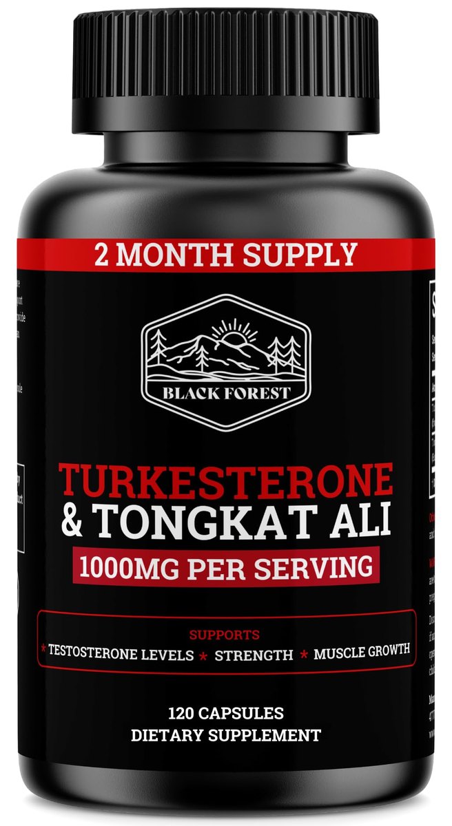 Black Forest Turkesterone and Tongkat Ali bottle, 1000 mg per serving, 120 capsules, two-month supply