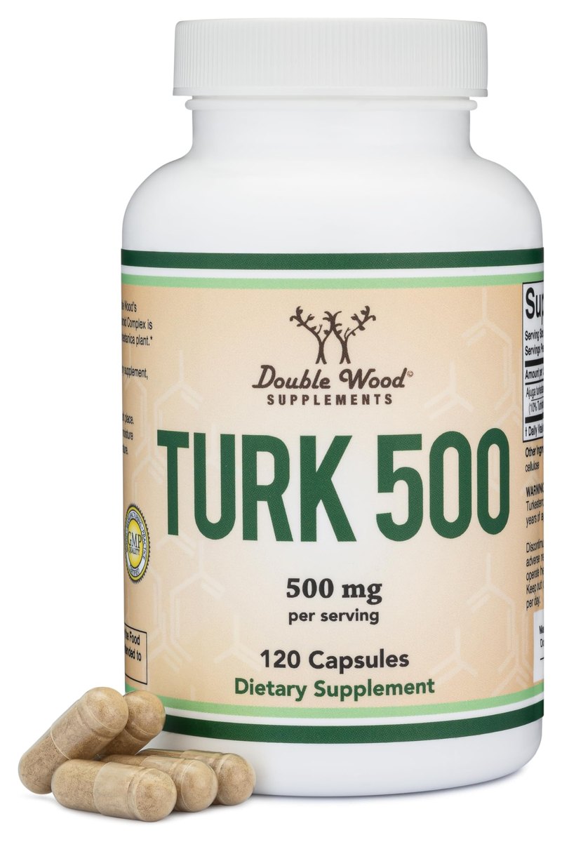 White Double Wood Supplements bottle labeled Turk 500, 500 mg per serving, 120 capsules