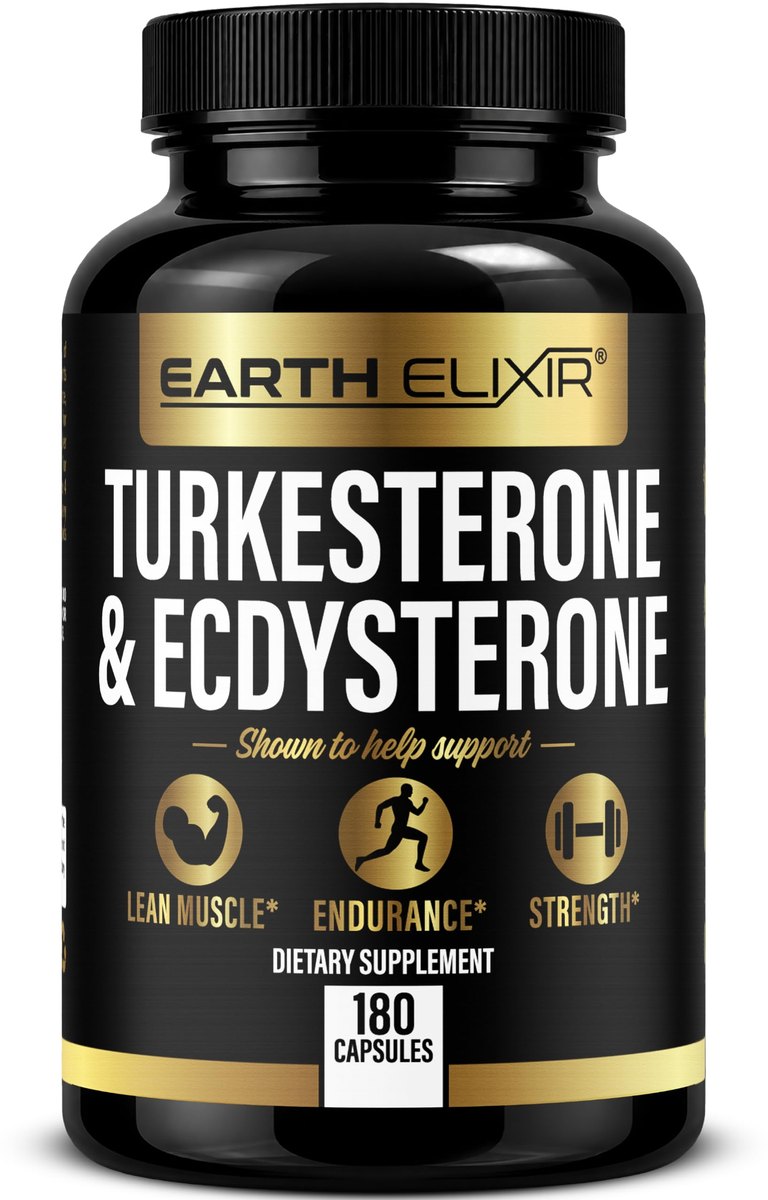 Black Earth Elixir bottle labeled Turkesterone and Ecdysterone with gold accents, 180 capsules