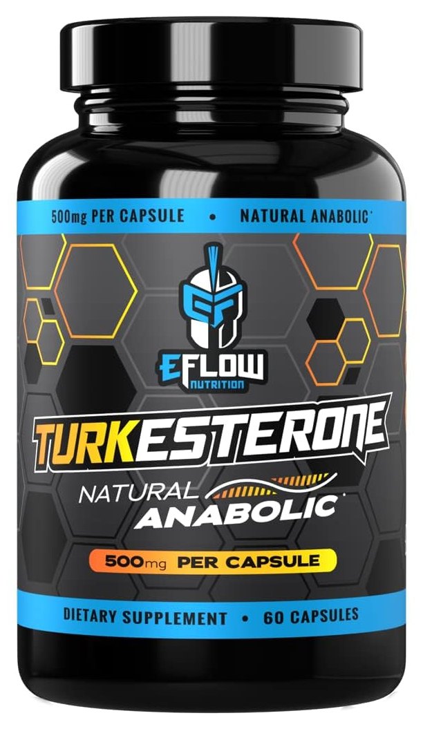 Black eFlow Nutrition Turkesterone bottle with a blue helmet logo, 500 mg per capsule, 60 capsules