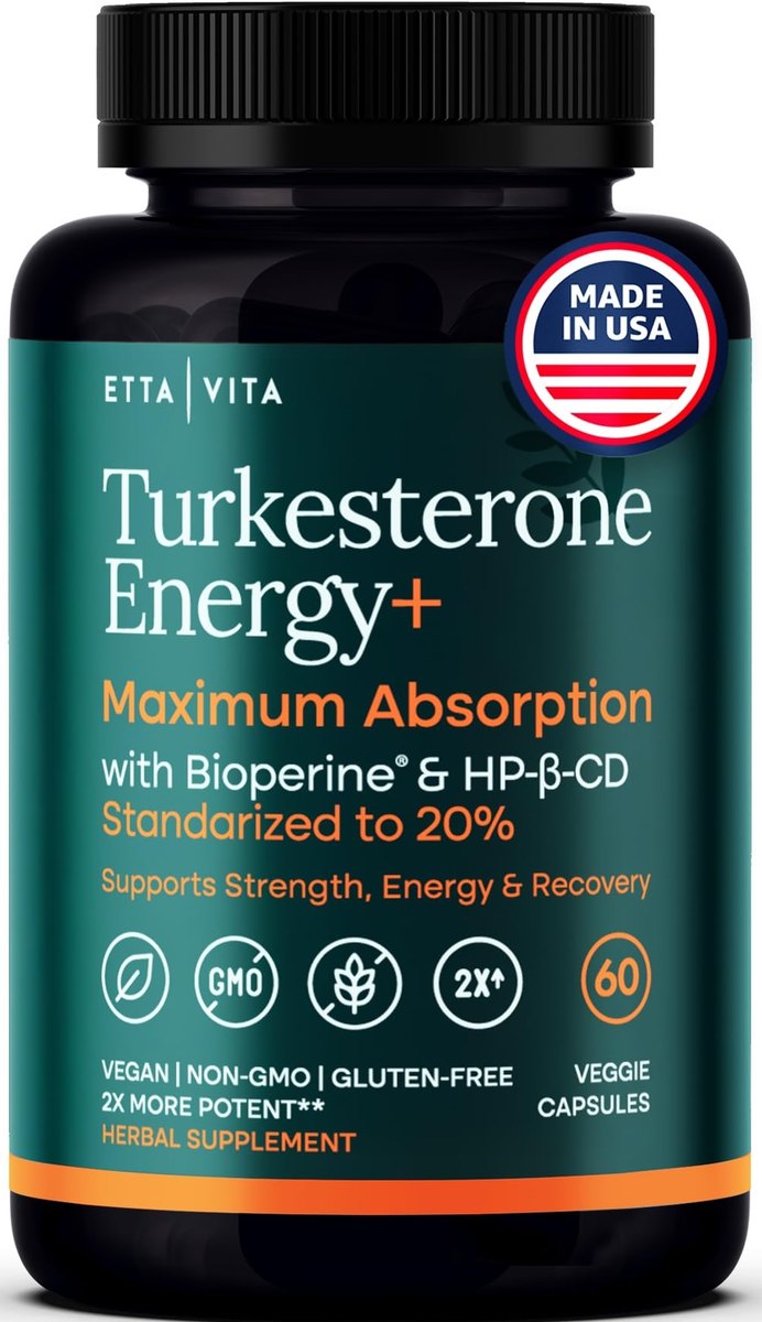 Dark green Etta Vita Turkesterone Energy+ bottle with Bioperine and HP-β-CD, standardized to 20%, made in USA badge, 60 veggie capsules