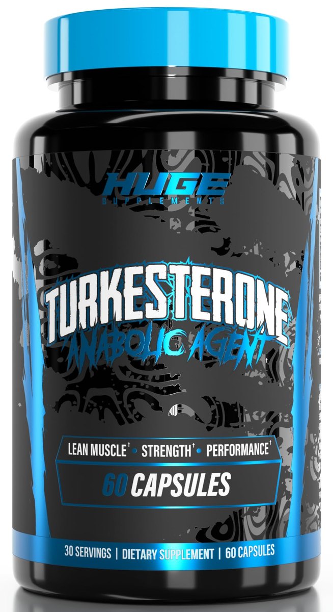 Black Huge Supplements Turkesterone bottle with a blue cap, lean muscle, strength and performance, 60 capsules