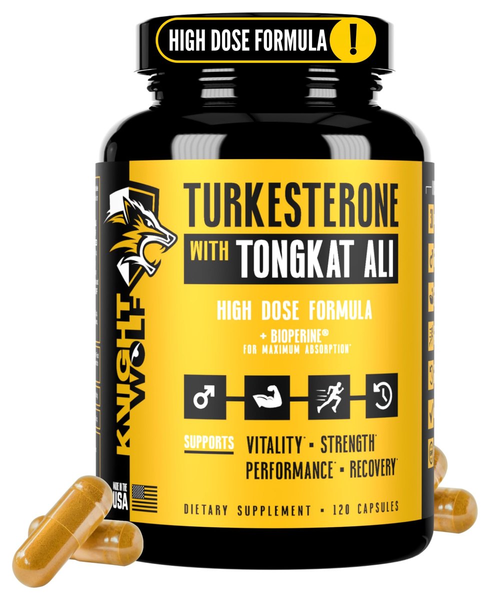 Knight Wolf Supps yellow and black Turkesterone with Tongkat Ali bottle, high dose formula, 120 capsules, capsules spilled in front
