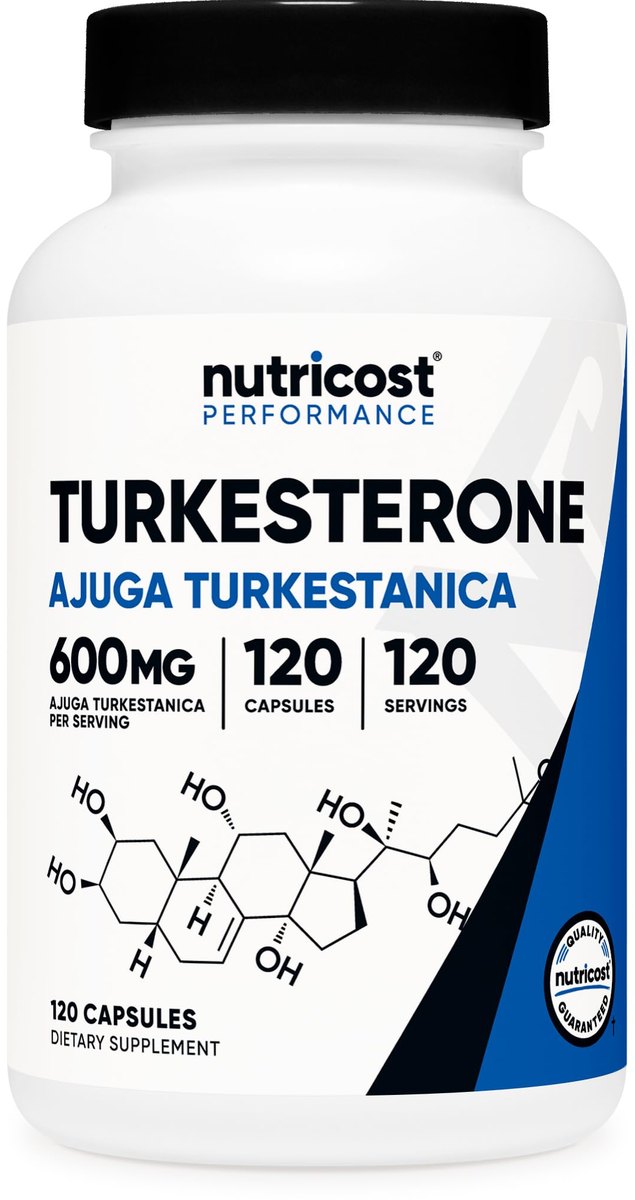 White Nutricost Performance bottle of Turkesterone, Ajuga turkestanica 600 mg per serving, 120 capsules, 120 servings