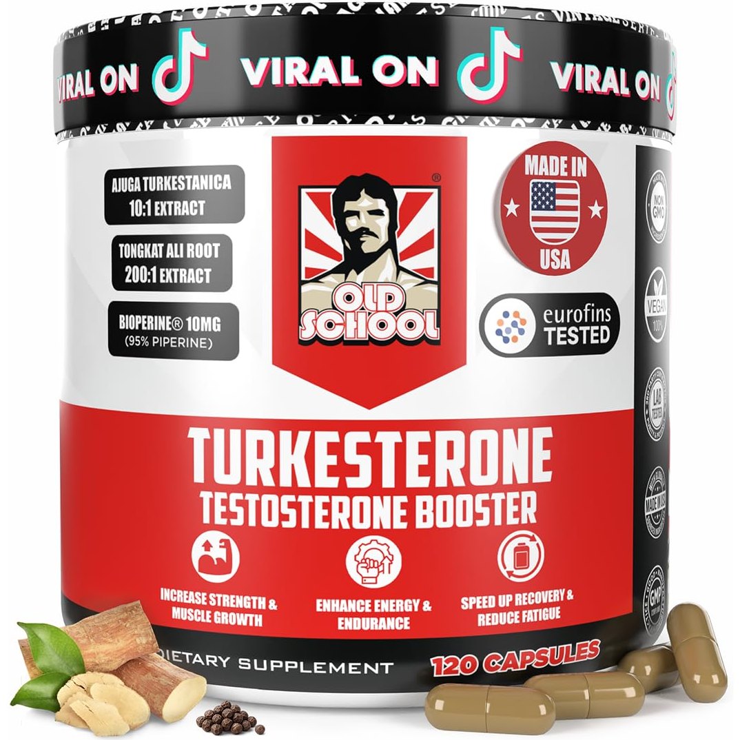 Old School Labs Turkesterone jar with a red and white label, tongkat ali 200:1 and BioPerine, 120 capsules, Eurofins tested badge