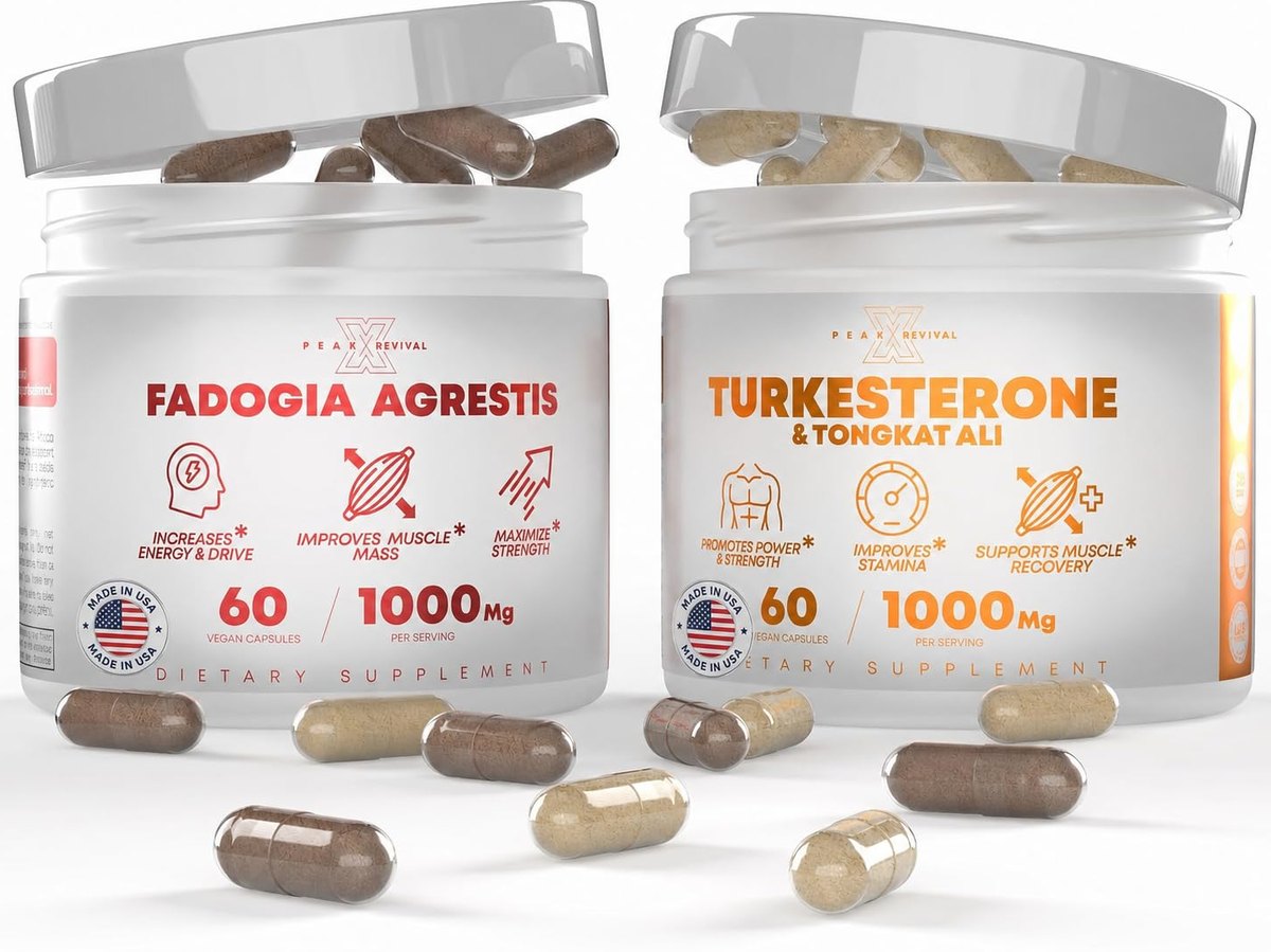 Two white Peak Revival-X jars, Fadogia Agrestis and Turkesterone with Tongkat Ali, 60 capsules and 1000 mg each, with capsules in front