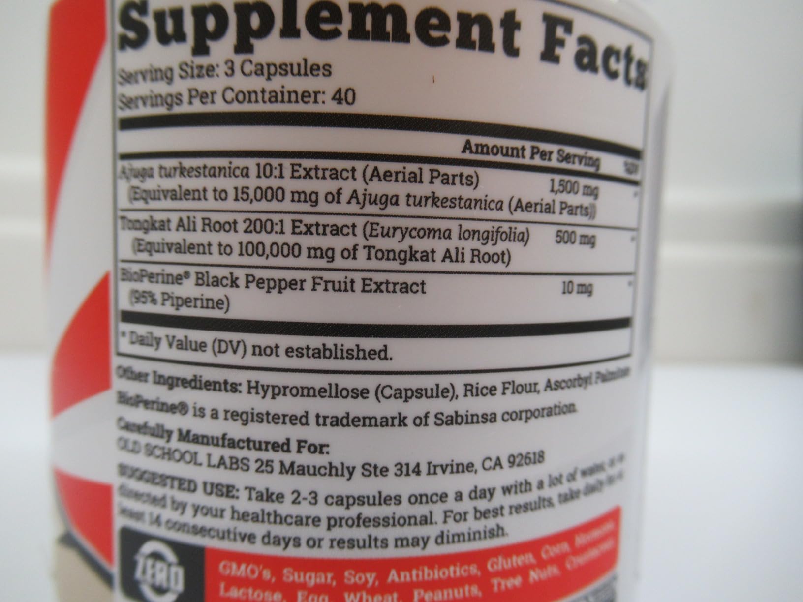 Supplement Facts on an Old School Labs Turkesterone jar: 3 capsules, Ajuga turkestanica 10:1 extract 1,500 mg, tongkat ali 200:1 500 mg, BioPerine 10 mg