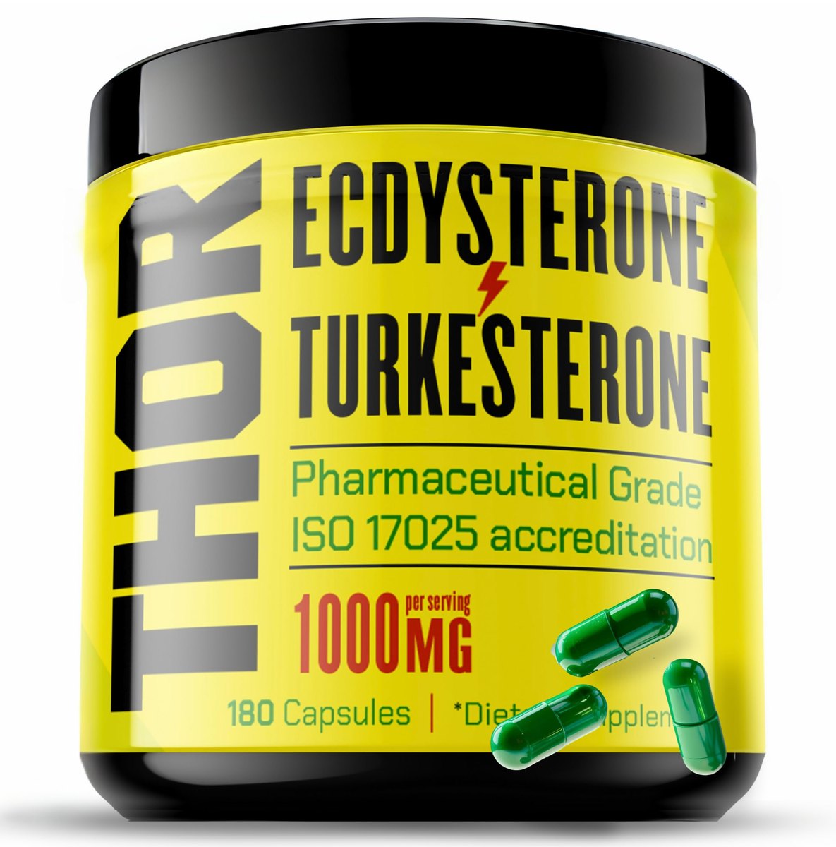 Black Thor jar with a yellow label, Ecdysterone Turkesterone, pharmaceutical grade, ISO 17025 accreditation, 1000 mg, 180 capsules