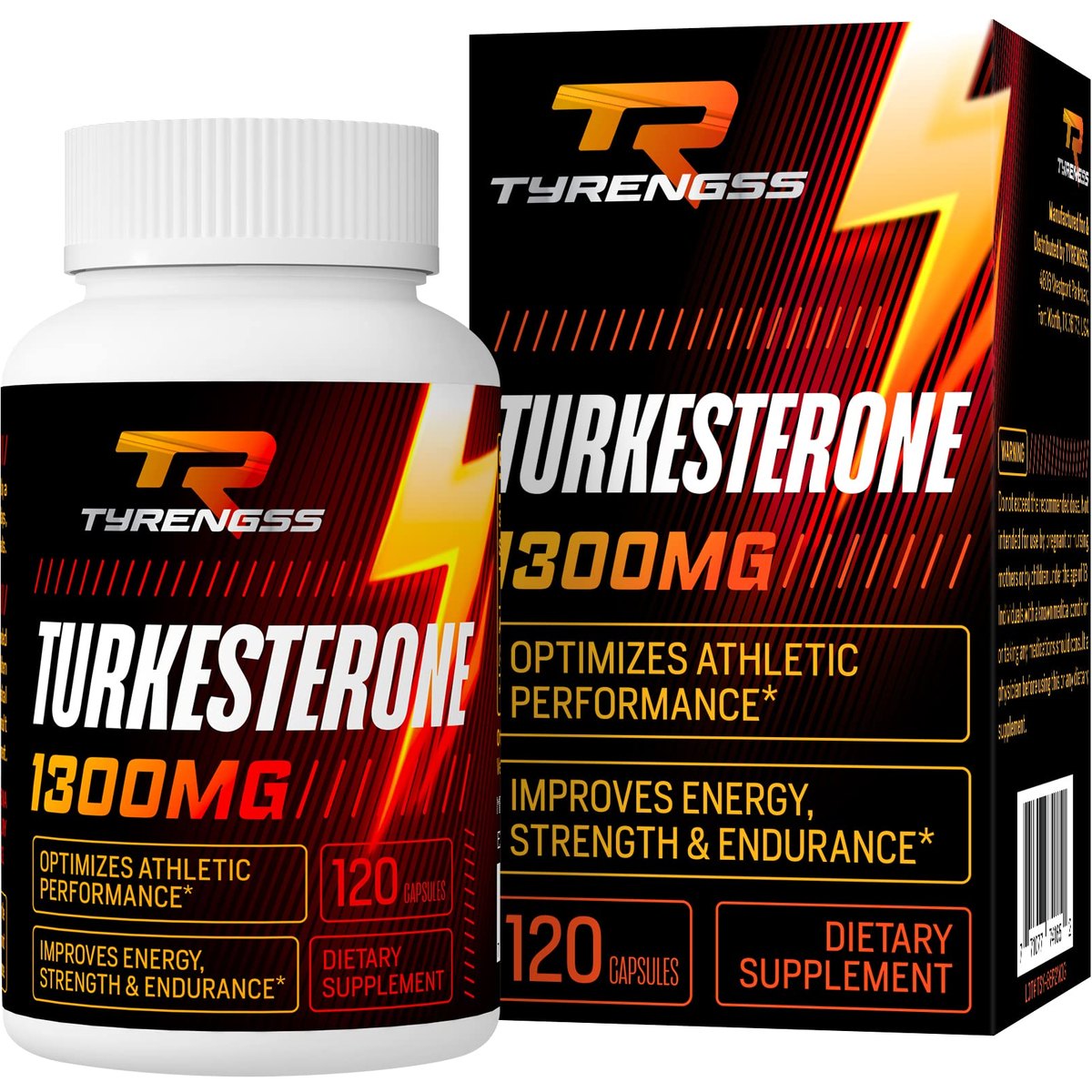 Black bottle and box with red and yellow lettering, Turkesterone 1300 mg, 120 capsules